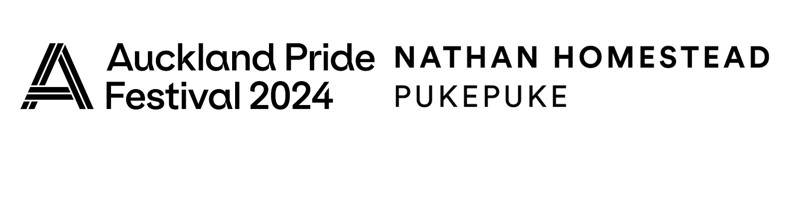 A black and white logo for Auckland Pride Festival 2024, and Nathan Homestead Pukepuke