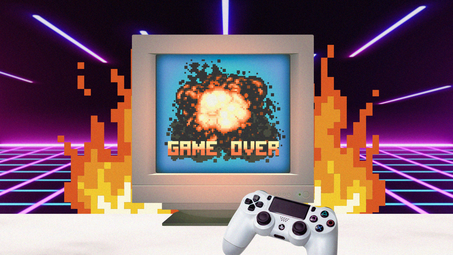 An old school-style video game reads 'Game over' on a screen with explosions in the back, and a Playstation controller in the foreground.